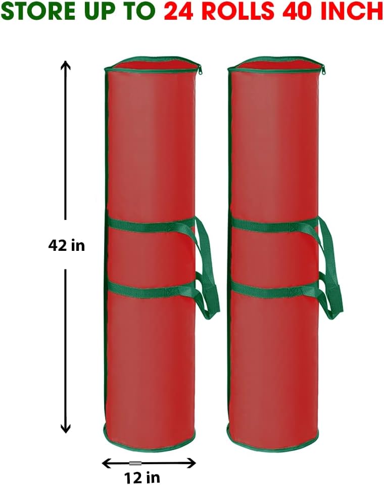 ProPik Wrapping Paper Storage Bag | Gift Wrap Holder Organizer | 2 Pack Store Up to 48 Rolls 40 Inch Long | Heavy Duty 600D Oxford Material Holiday Container | Top & side handles (Red) - Image 4